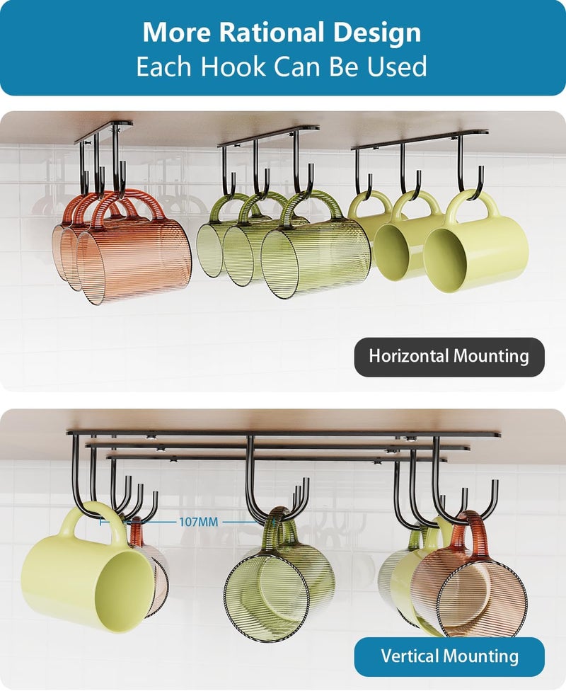 Luckinow 3 Pack Mug Hooks Under Cabinet, Coffee Mug Holder for Hanging Under Shelf, Cup Hanger with 9 Hooks for Displaying Mugs, Coffee Cups and Kitchen Utensils, Black - Image 5